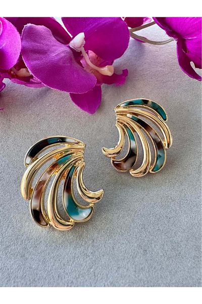 Pelin Aksesuar Green Brown Curvy Earrings