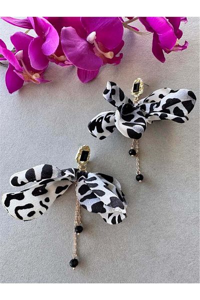Pelin Aksesuar Black and White Animal Pattern Dangle Fabric Bow Earrings