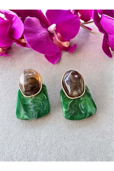 Pelin Aksesuar Green Brown Stone Earrings