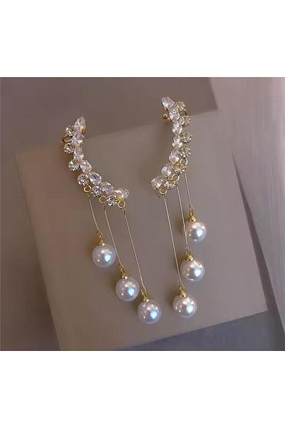 Pelin Aksesuar Gold Pearl Dangle Crystal Earrings