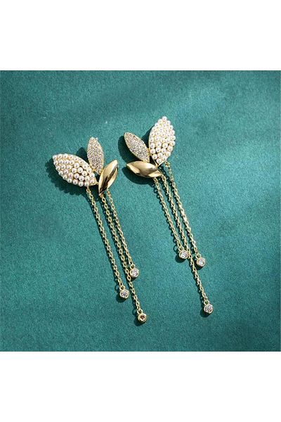 Pelin Aksesuar Gold Chain Pearl Butterfly Earrings