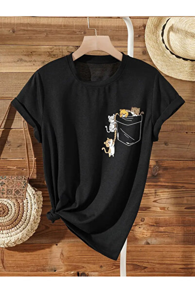 Frisson Unisex Cat Printed Crew Neck Oversize T-shirt