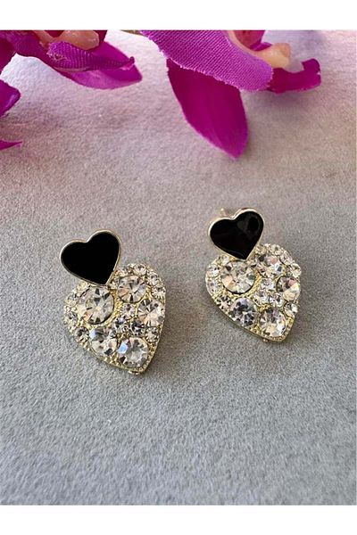 Pelin Aksesuar Black Jewelled Heart Earrings