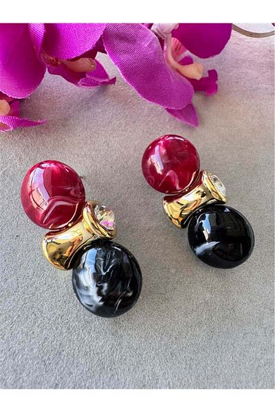 Pelin Aksesuar Red Black Circle Stone Earrings