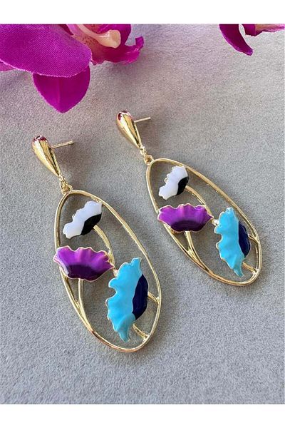 Pelin Aksesuar Blue Purple Flower Oval Earrings