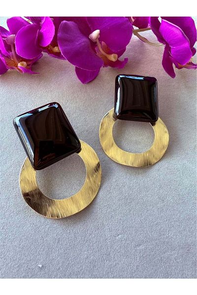 Pelin Aksesuar Black Square Stone Gold Large Plate Earrings