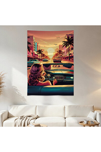 Geek Cultcha Retro Woman and Car Wall Cloth Wall Tapestry First Quality Satin...