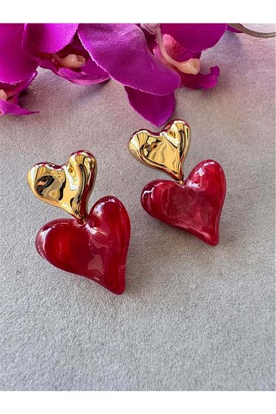 Pelin Aksesuar Gold Heart Earrings with Red Stone
