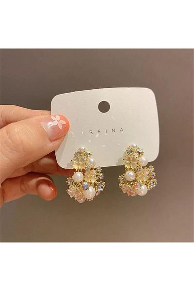 Pelin Aksesuar Gold Stone Pearl Flower Hoop Earrings
