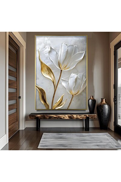 EMYA HOME Metal Çerçeveli Beyaz Laleler Cam Tablo