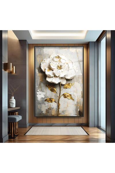 EMYA HOME Γυάλινος πίνακας με μεταλλικό πλαίσιο και χρυσά λουλούδια