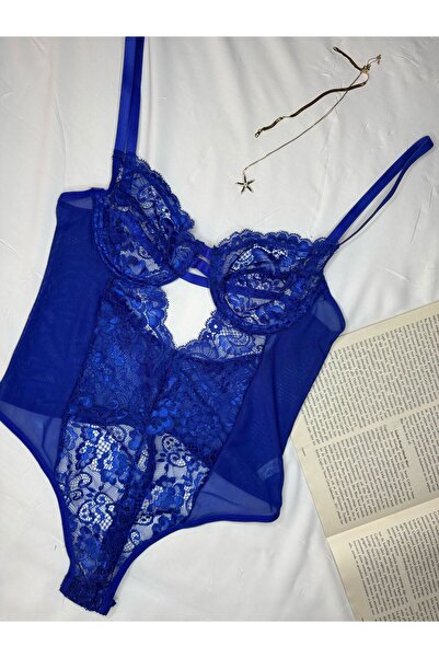 ROZENİN LINGERIE Синій мереживний боді на кісточках Saks без кісточок з прозорим низом на застібці
