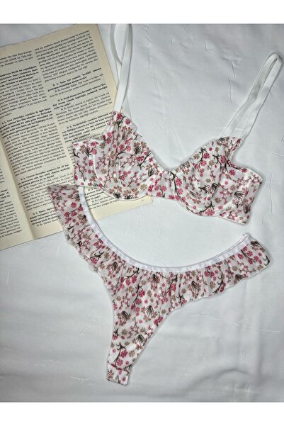 ROZENİN LINGERIE Ecru Ruffled Floral Patterned Transparent Romantic Bralet Set (Bra&Tanga)