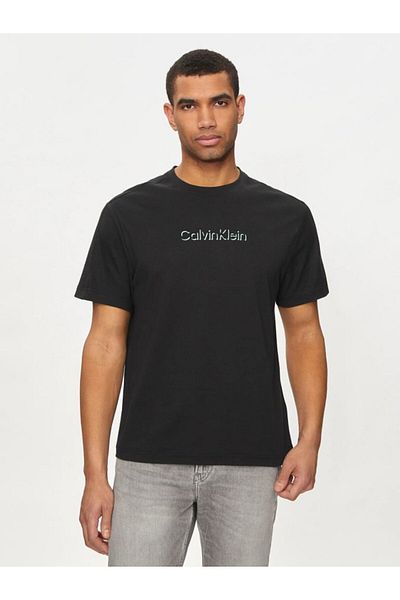 Calvin Klein Tricou negru casual pentru bărbați cu mânecă scurtă, cu logo-ul mărcii, cu gâtul turn, K10K 113105 -BEH
