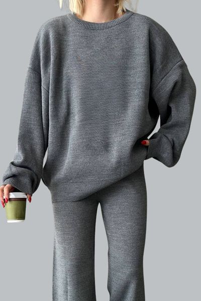 mefru Women's Solid Bottom Top Sweater Pants Basic Double Knitwear Set