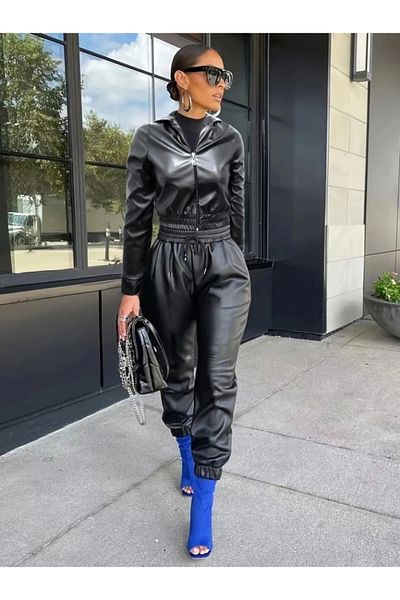 kiyemi Jachetă cu glugă cu mânecă lungă pentru femei, cu talie și pantaloni elastici, set din piele dublă