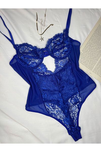 ROZENİN LINGERIE Body cu dantelă albastră Saks, cu sârmă, fără capac, transparent, cu capse în partea de jos