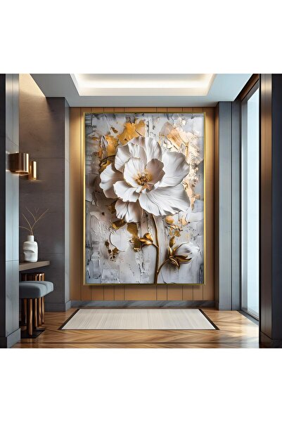 EMYA HOME Tablou din sticlă cu flori aurii cu cadru metalic