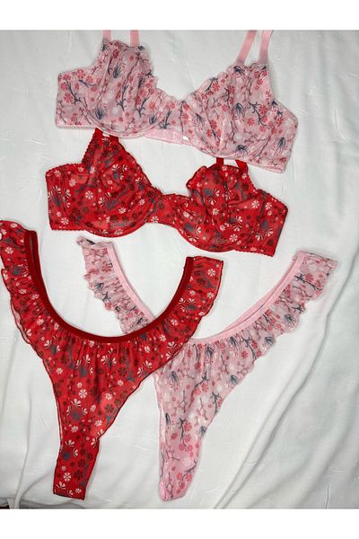 ROZENİN LINGERIE Transparent Ruffled Floral Patterned Romantic Bralet Set of 4 (Bra & Thong)