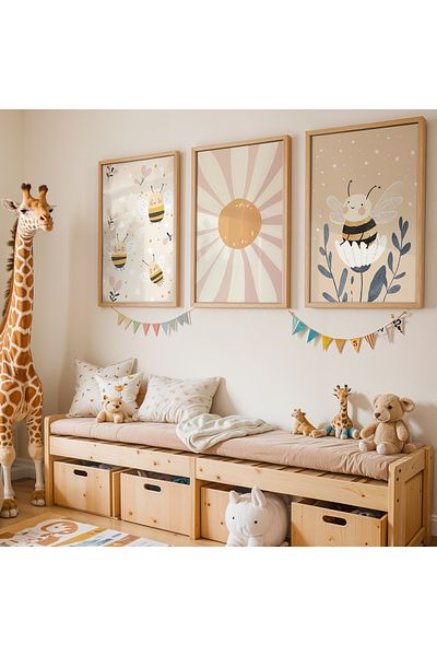 HİGUERA Set de 3 Cute Mother Bees Tablou pentru camera copiilor si camera bebelusului cu rama din lemn natural
