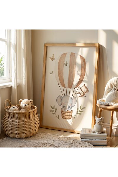 HİGUERA Cute Elephants Double Piece Table pentru camera copiilor si camera bebelusului cu cadru din lemn natural