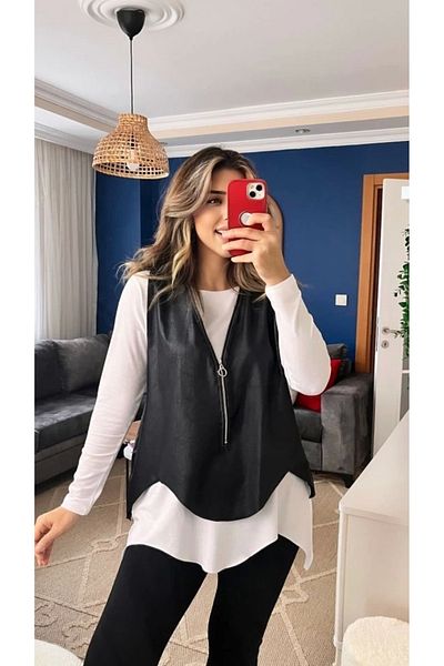 MODA Women's Long Sleeve Asymmetrical Cut Viscose Blouse and Cracked Leather Look Zipper Detailed Vest Double Jewelry