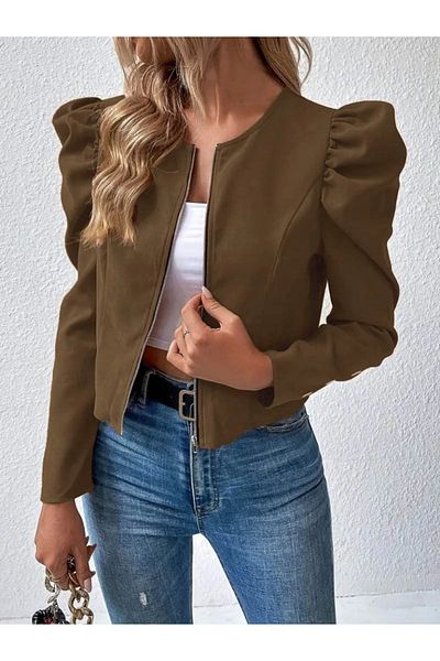 MODA Γυναικείο μακρυμάνικο σουέτ μπουφάν με φερμουάρ μπροστά