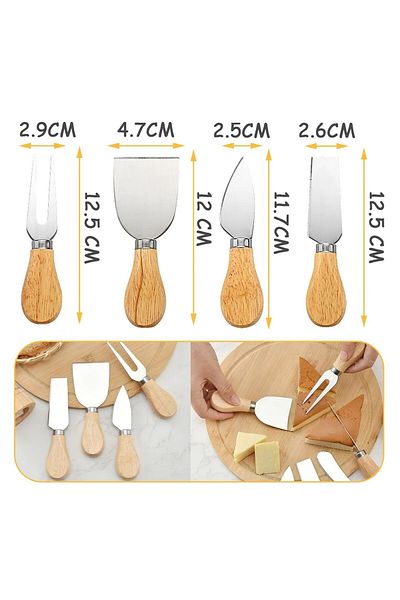 Neler Geldi Neler Set of 4 Bamboo Handle Steel Cheese Knife Set Fork Spatula Set, Presentation Set Breakfast Kitchen Knife Set