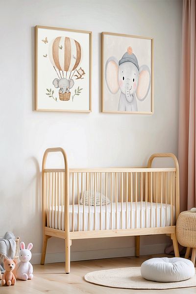 HİGUERA Cute Elephants Double Piece Table pentru camera copiilor si camera bebelusului cu cadru din lemn natural