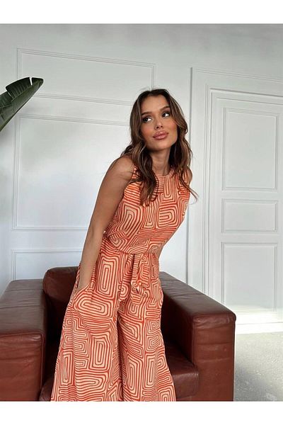 MetuCA Orange Pattern Spanish Belted Jumpsuit