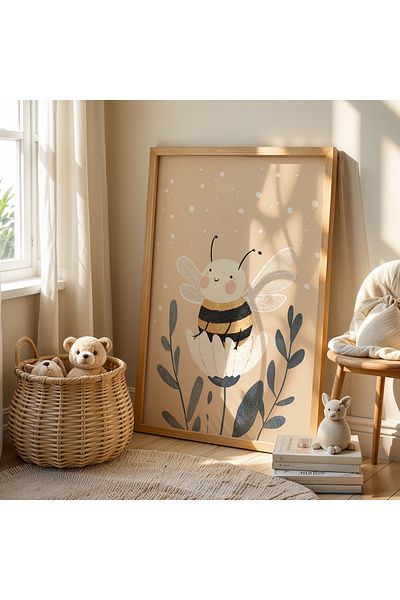 HİGUERA Set de 3 Cute Mother Bees Tablou pentru camera copiilor si camera bebelusului cu rama din lemn natural