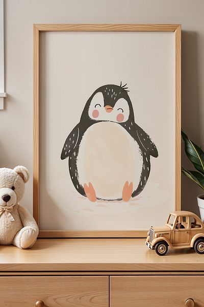 HİGUERA Pinguin și Soare drăguți - Diagrama camerei pentru copii și camerei bebelușilor cu cadru din lemn natural
