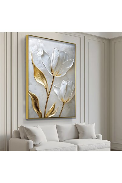 EMYA HOME Metal Çerçeveli Beyaz Laleler Cam Tablo