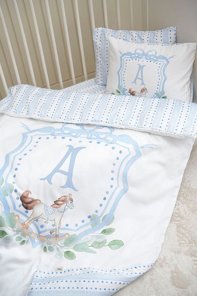 Pithy Letter a Baby Size Duvet Cover 100X150Cm+60X120Cm Elastic Sheet Set-Blue Private Series