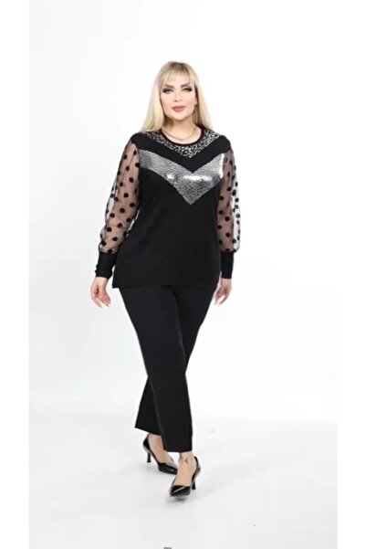 Te&Te Γυναικεία μπλούζα μεγάλου μεγέθους με στάμπα με λαιμόκοψη και συνδυασμός υφασμάτων μανίκια με διάφανο μπροστινό μέρος από βισκόζη