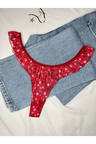 ROZENİN LINGERIE Red Frilly Floral Patterned Thong