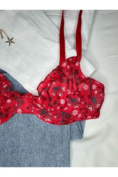 ROZENİN LINGERIE Red Ruffled Floral Patterned Bra