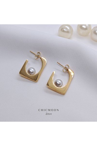 CHICMOON STORE Steel Gold Color Pearl Rectangular Earrings