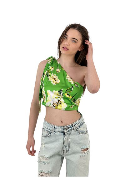 Miss Poem Women's Strappy Off-Shoulder Green Super Crop Blouse