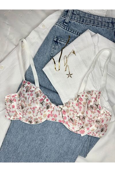 ROZENİN LINGERIE Ecru Ruffled Floral Patterned Bra