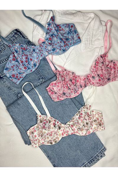 ROZENİN LINGERIE Set de 3 sutien cu modele florale cu volane