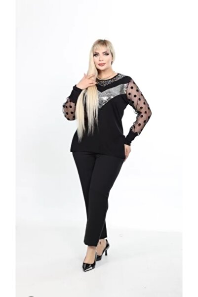 Te&Te Γυναικεία μπλούζα μεγάλου μεγέθους με στάμπα με λαιμόκοψη και συνδυασμός υφασμάτων μανίκια με διάφανο μπροστινό μέρος από βισκόζη