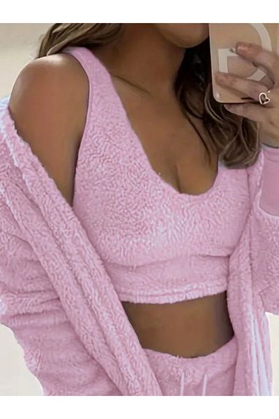 Vogueway Women's Strappy Plush Blouse, Shorts and Jacket Triple Set