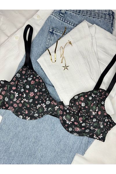 ROZENİN LINGERIE Μαύρο σουτιέν με φλοράλ σχέδιο