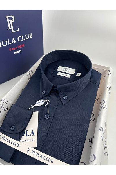 Piola Club Мъжка риза Slim Fit с яка с копчета, мека текстура, габардин (тъмносиня)