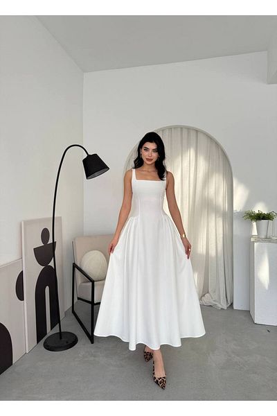 Afiş Butik Λευκό Πλισέ Χοντρό Μακρύ Φόρεμα Κορσάζ