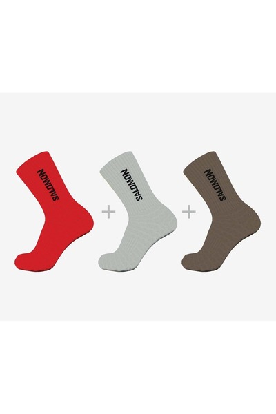 Salomon Everyday Crew 3 Pack 3 Pieces Unisex Socks Red-Grey-Brown
