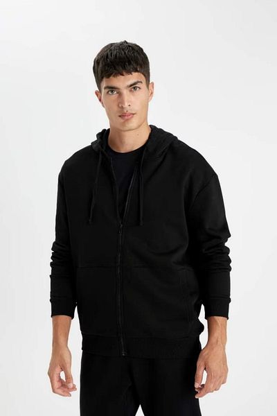 DeFacto Schwarze Herren-Sweatshirt-Strickjacke aus dicker Baumwolle mit Kapuze, weichem Pelz und Reißverschluss