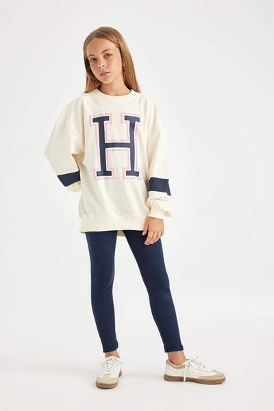 DeFacto Printed Sweatshirt and Long Plain Leggings for Girls - Set of 2 C6869A824Au