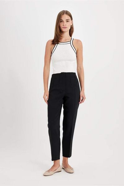 DeFacto Pantaloni negri Crop Classic - croșetat, talie înaltă, fermoar, picior drept subțire C2466ax24au